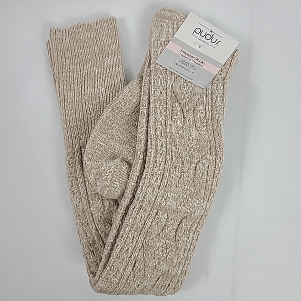 NWT Pudus Womens Knee High Beige Sweater Socks Size 6-10